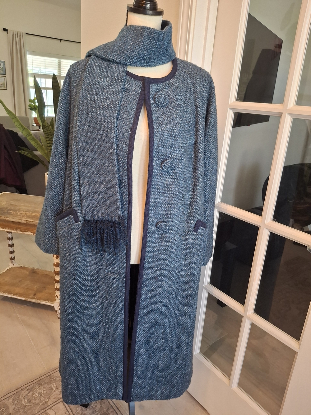 Vintage 1960s Women's Blue Textured Trench Coat with Matching Scarf - Picture 1 of 8